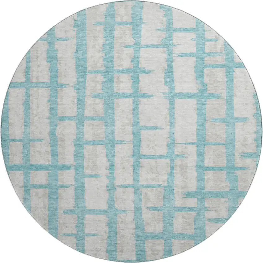 8' Teal And Beige Striped Washable Round Rug With UV Protection Photo 1