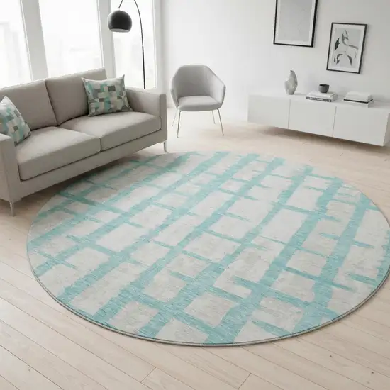 8' Teal And Beige Striped Washable Round Rug With UV Protection Photo 2