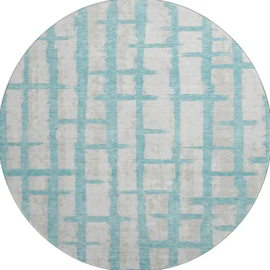 8' Teal And Beige Striped Washable Round Rug With UV Protection Photo 3
