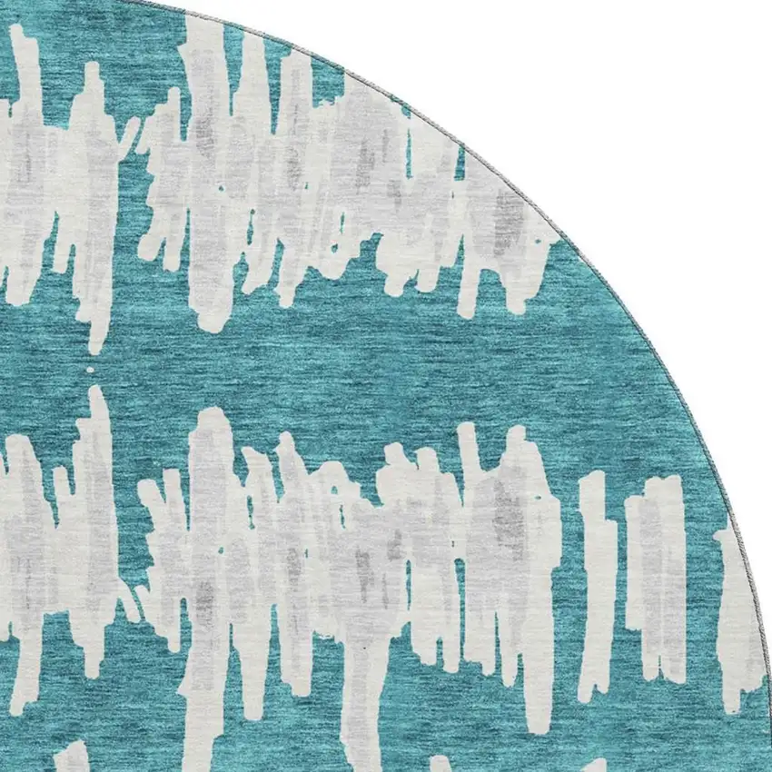 8' Teal And Beige Striped Washable Round Rug With UV Protection Photo 3