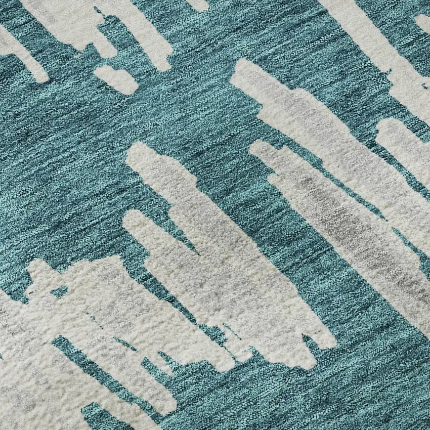 8' Teal And Beige Striped Washable Round Rug With UV Protection Photo 9