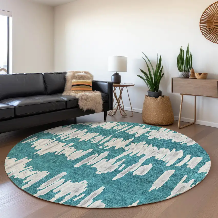 8' Teal And Beige Striped Washable Round Rug With UV Protection Photo 5