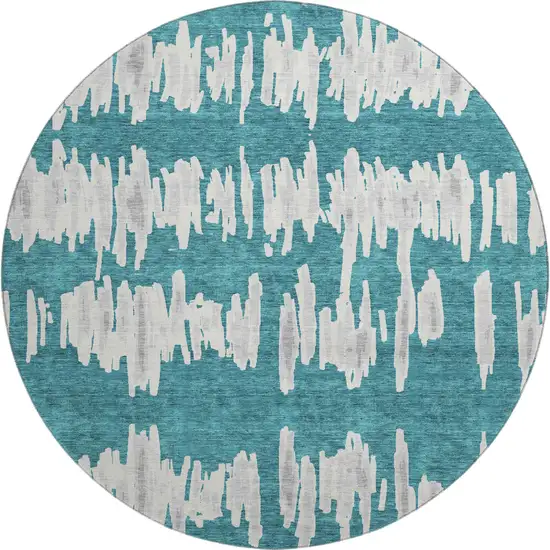 8' Teal And Beige Striped Washable Round Rug With UV Protection Photo 1