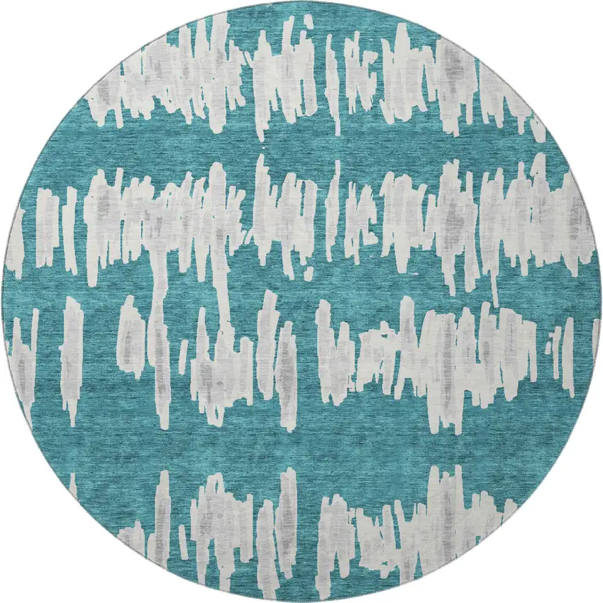 8' Teal And Beige Striped Washable Round Rug With UV Protection Photo 4