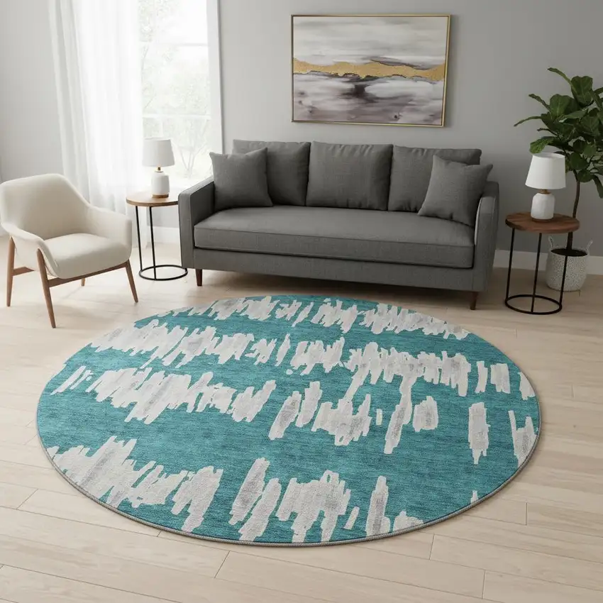 8' Teal And Beige Striped Washable Round Rug With UV Protection Photo 2
