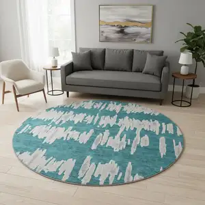 Photo of 8' Teal And Beige Striped Washable Round Rug With UV Protection