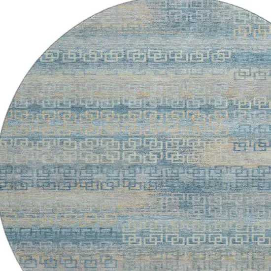 8' Teal And Beige Striped Washable Round Rug With UV Protection Photo 3