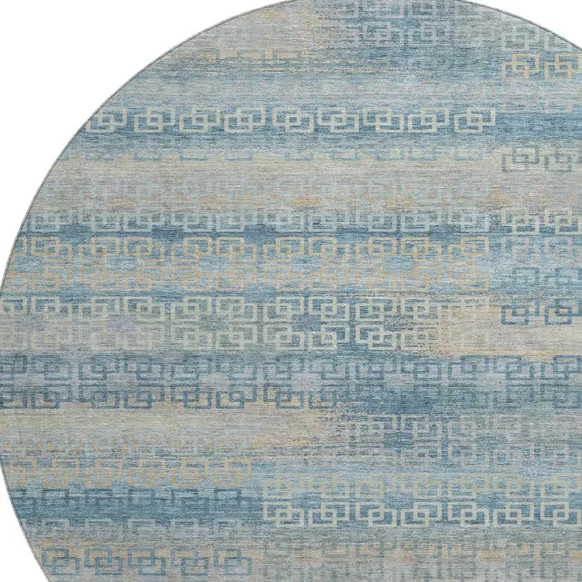 8' Teal And Beige Striped Washable Round Rug With UV Protection Photo 3