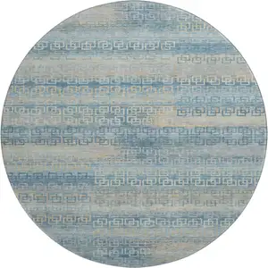 Photo of 8' Teal And Beige Striped Washable Round Rug With UV Protection