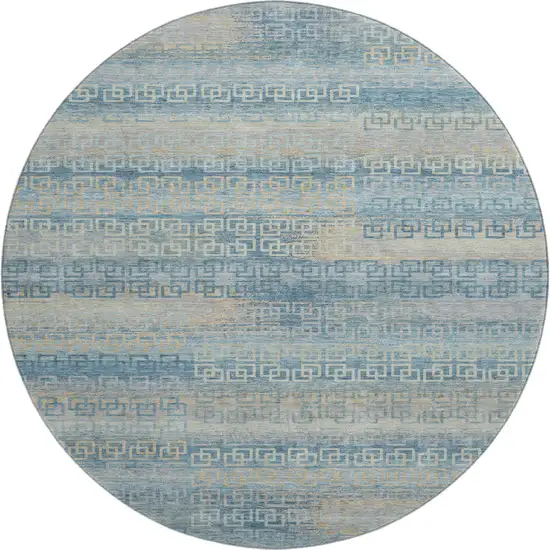 8' Teal And Beige Striped Washable Round Rug With UV Protection Photo 1