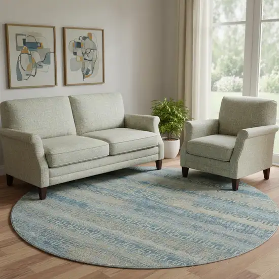 8' Teal And Beige Striped Washable Round Rug With UV Protection Photo 2