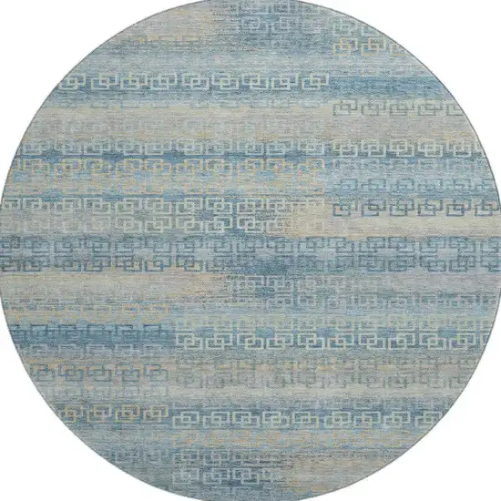 8' Teal And Beige Striped Washable Round Rug With UV Protection Photo 4