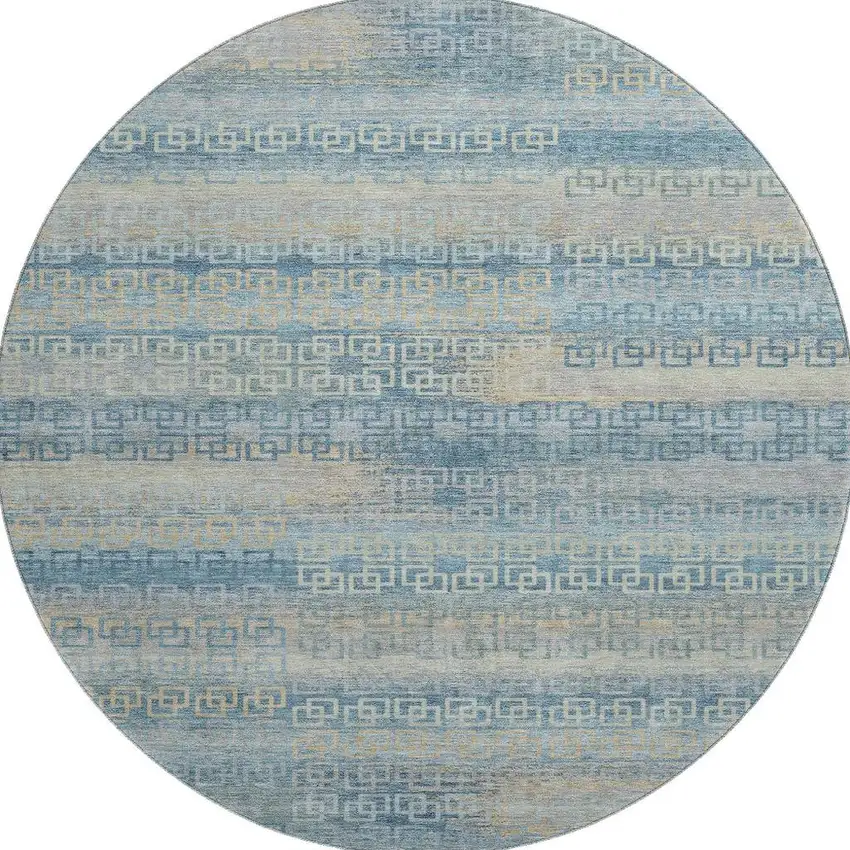 8' Teal And Beige Striped Washable Round Rug With UV Protection Photo 4