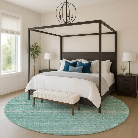 8' Teal And Beige Striped Washable Round Rug With UV Protection Photo 5