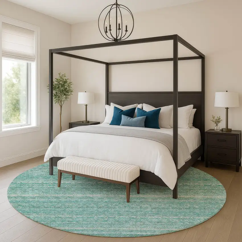 8' Teal And Beige Striped Washable Round Rug With UV Protection Photo 5