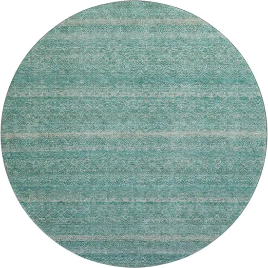 8' Teal And Beige Striped Washable Round Rug With UV Protection Photo 1