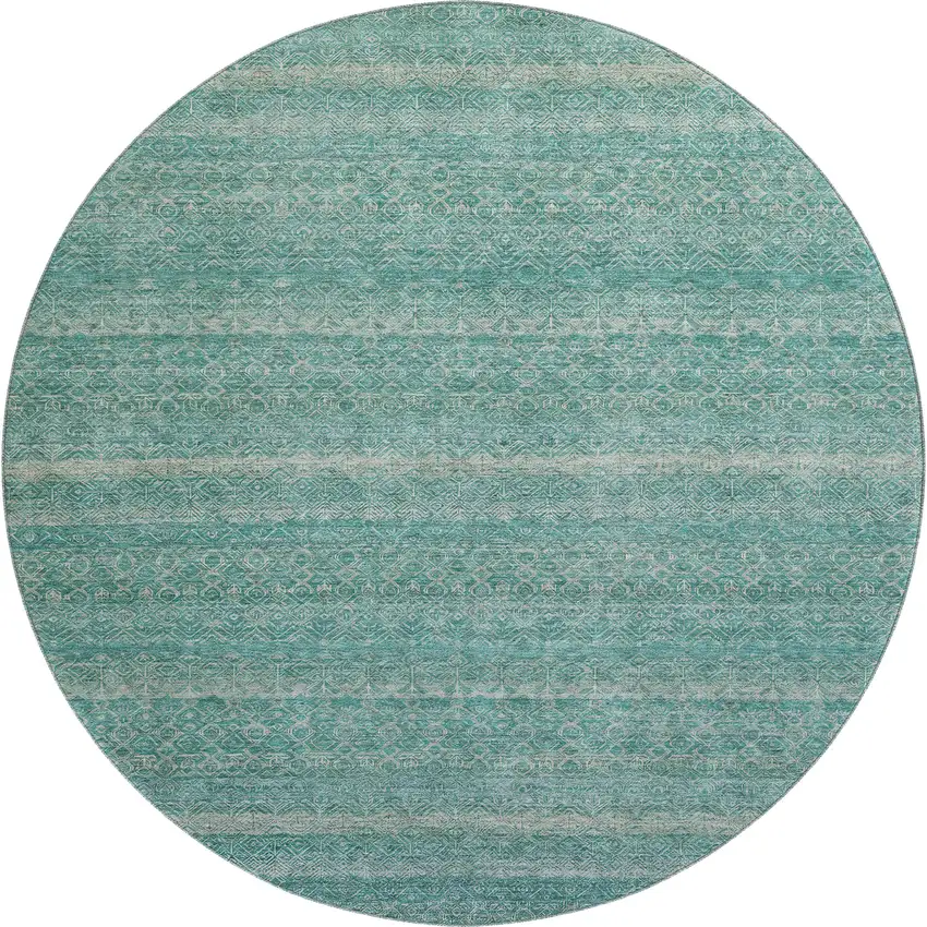 8' Teal And Beige Striped Washable Round Rug With UV Protection Photo 1