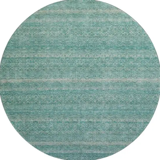 8' Teal And Beige Striped Washable Round Rug With UV Protection Photo 4