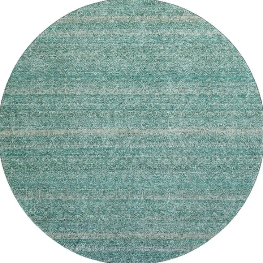8' Teal And Beige Striped Washable Round Rug With UV Protection Photo 4