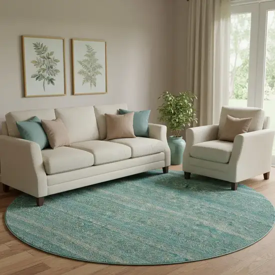 8' Teal And Beige Striped Washable Round Rug With UV Protection Photo 2