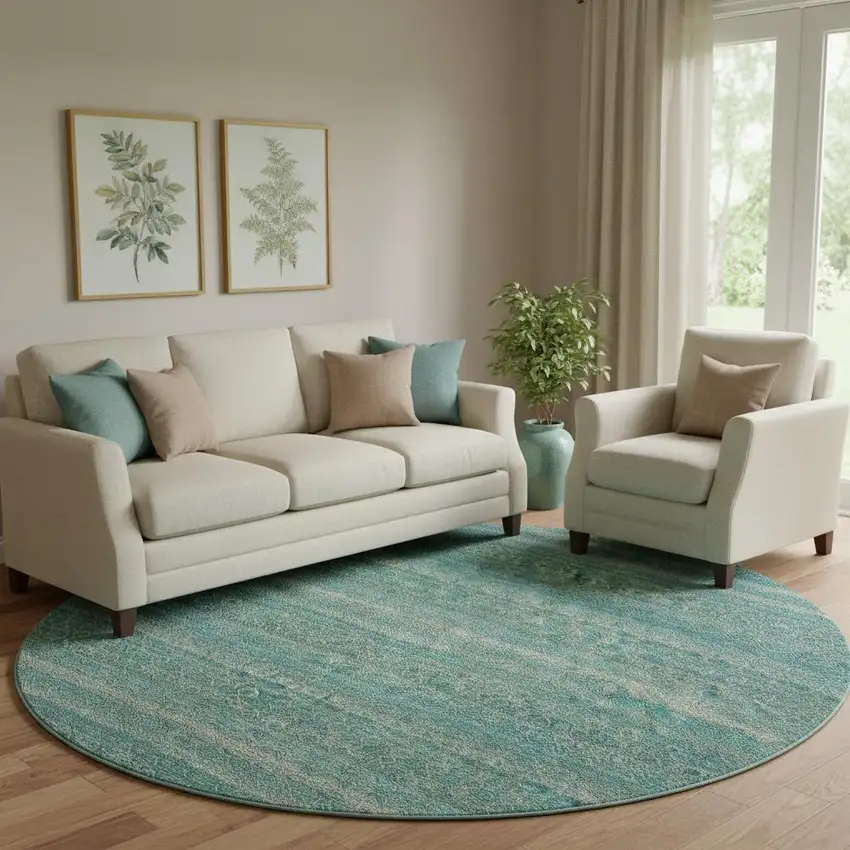 8' Teal And Beige Striped Washable Round Rug With UV Protection Photo 2