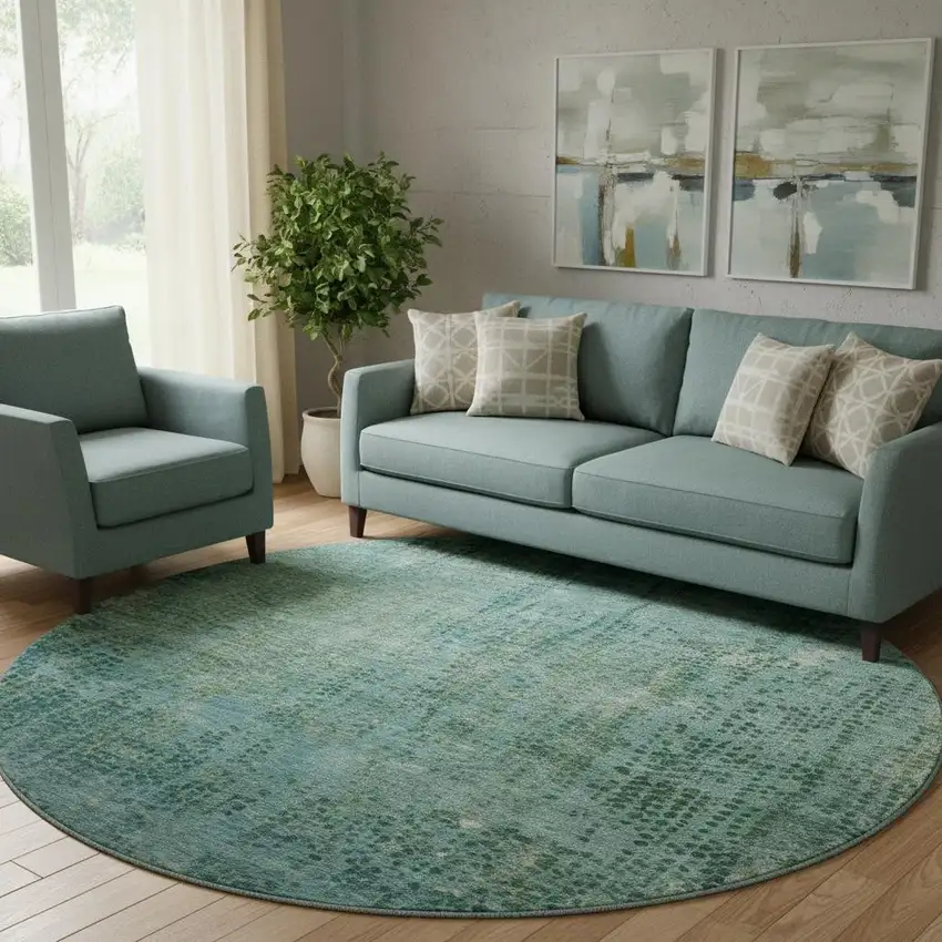 8' Teal And Blue Abstract Washable Round Rug With UV Protection Photo 2