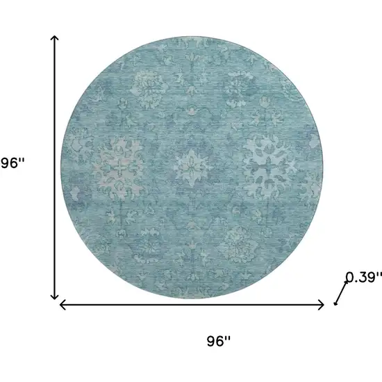 8' Teal And Blue Oriental Washable Round Rug With UV Protection Photo 7