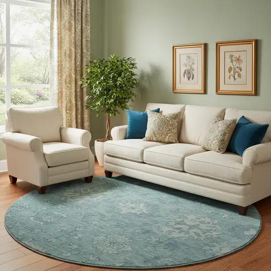 8' Teal And Blue Oriental Washable Round Rug With UV Protection Photo 2