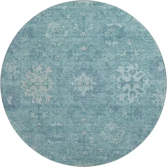 8' Teal And Blue Oriental Washable Round Rug With UV Protection Photo 1