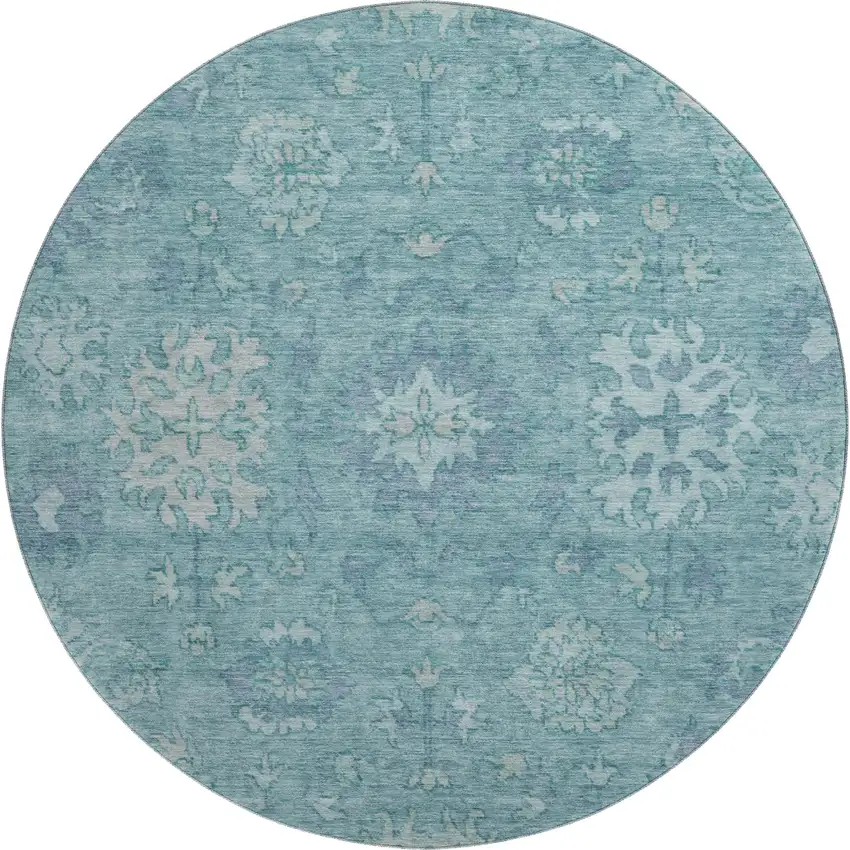 8' Teal And Blue Oriental Washable Round Rug With UV Protection Photo 1