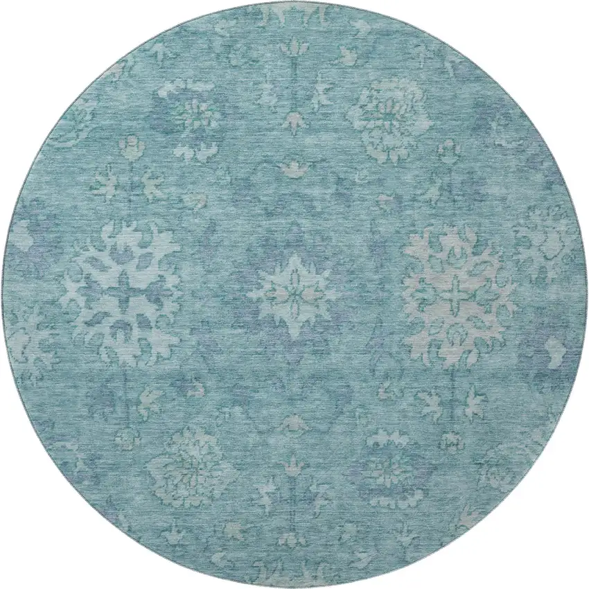 8' Teal And Blue Oriental Washable Round Rug With UV Protection Photo 3
