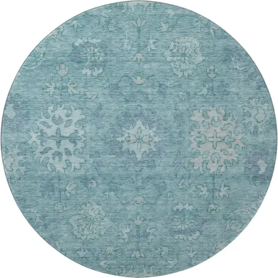 8' Teal And Blue Oriental Washable Round Rug With UV Protection Photo 3