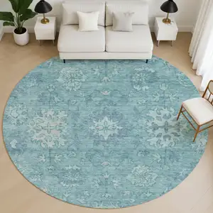 Photo of 8' Teal And Blue Oriental Washable Round Rug With UV Protection