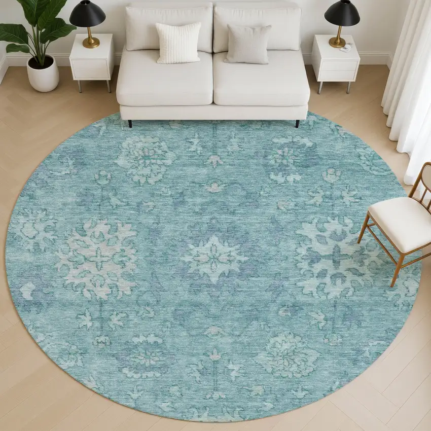 8' Teal And Blue Oriental Washable Round Rug With UV Protection Photo 4