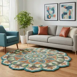 Photo of 8' Teal And Blue Wool Medallion Hand Tufted Round Rug