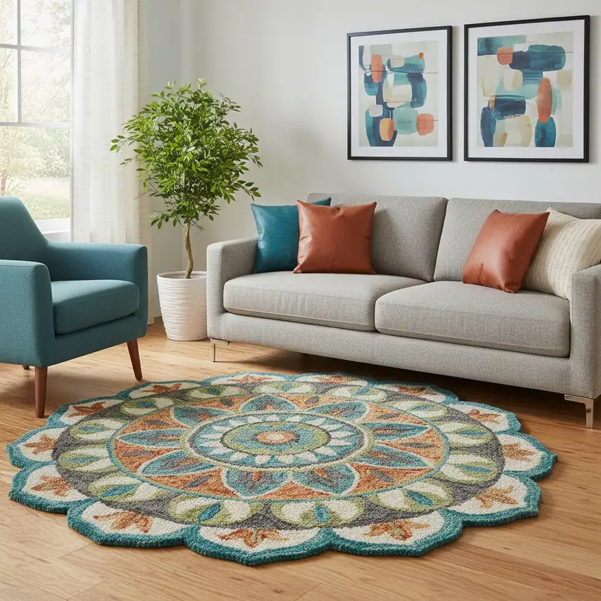 8' Teal And Blue Wool Medallion Hand Tufted Round Rug Photo 1