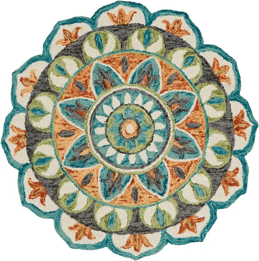 8' Teal And Blue Wool Medallion Hand Tufted Round Rug Photo 2