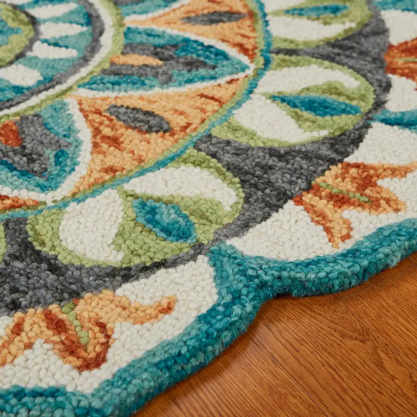 8' Teal And Blue Wool Medallion Hand Tufted Round Rug Photo 5