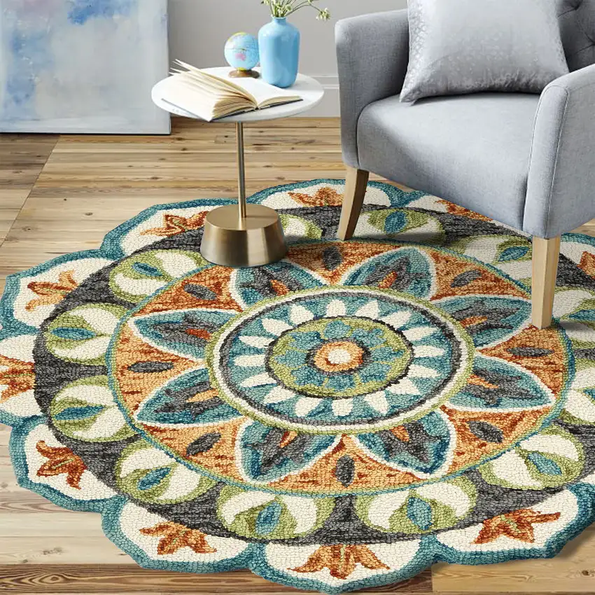 8' Teal And Blue Wool Medallion Hand Tufted Round Rug Photo 4
