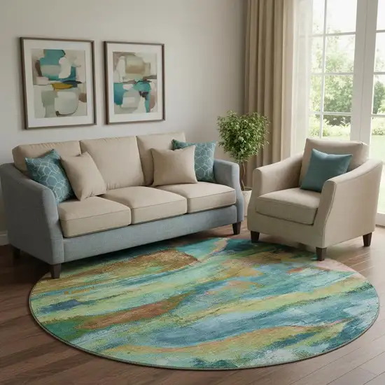 8' Teal And Blush Abstract Washable Round Rug With UV Protection Photo 2