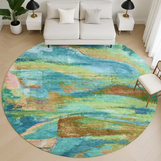 8' Teal And Blush Abstract Washable Round Rug With UV Protection Photo 5