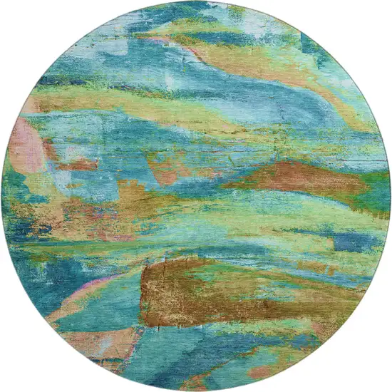 8' Teal And Blush Abstract Washable Round Rug With UV Protection Photo 1