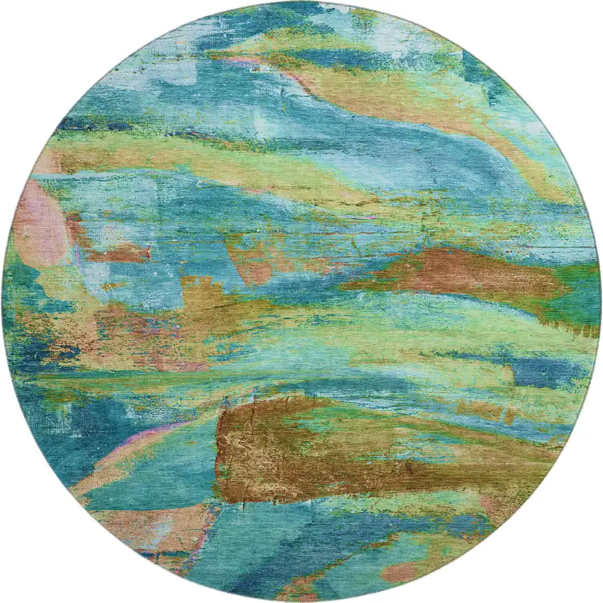 8' Teal And Blush Abstract Washable Round Rug With UV Protection Photo 1
