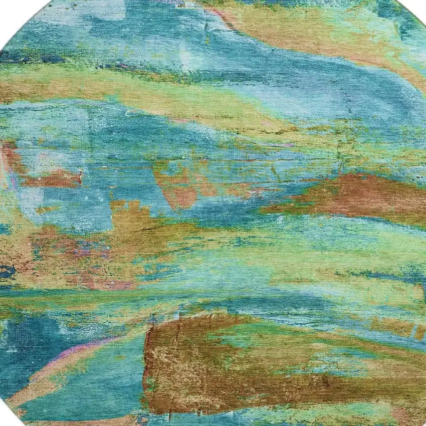 8' Teal And Blush Abstract Washable Round Rug With UV Protection Photo 3