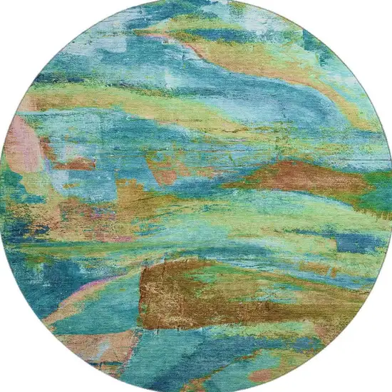 8' Teal And Blush Abstract Washable Round Rug With UV Protection Photo 4