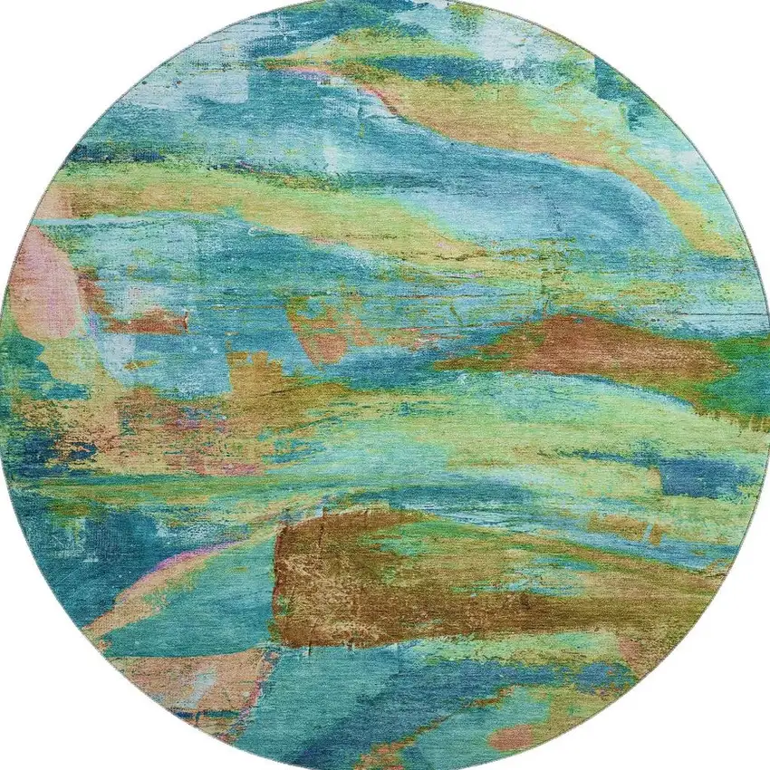 8' Teal And Blush Abstract Washable Round Rug With UV Protection Photo 4