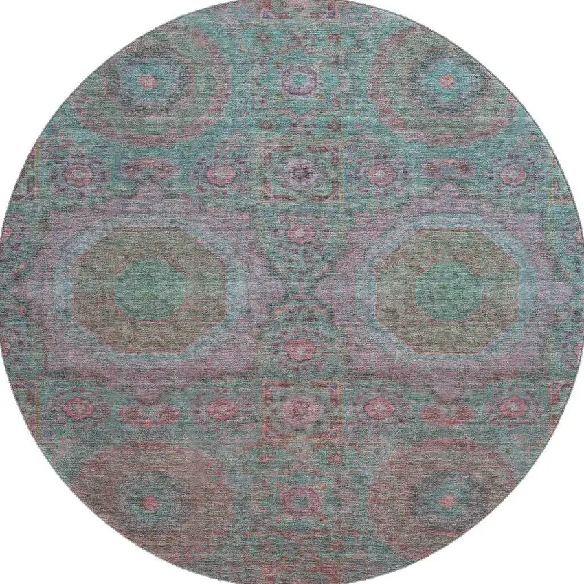 8' Teal And Blush Medallion Washable Round Rug With UV Protection Photo 4