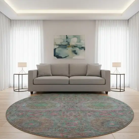 8' Teal And Blush Medallion Washable Round Rug With UV Protection Photo 2