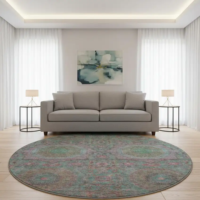 8' Teal And Blush Medallion Washable Round Rug With UV Protection Photo 2