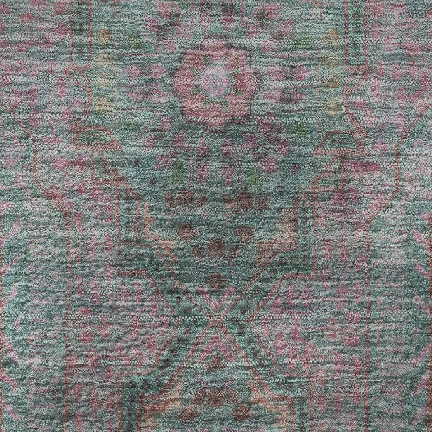 8' Teal And Blush Medallion Washable Round Rug With UV Protection Photo 9